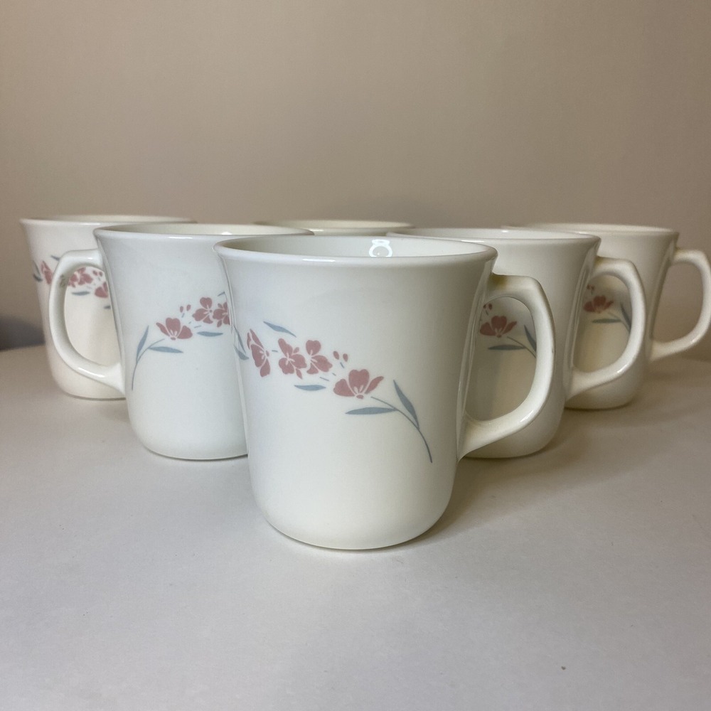 Set Of 6 CorningCorelle Silk Blossoms Coffee Cups Mugs Mauve Flowers Gray Leaves